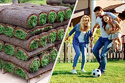 Ankara'da dayanıklı hazır rulo çim uygulaması sonrası yeşil bahçede vakit geçiren mutlu aile.